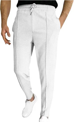 Men's Waffle Knit Jogger Pants, Mens Workout Cargo Sweatpants Athletic Pants Open Bottom Joggers Casual Baggy Pants