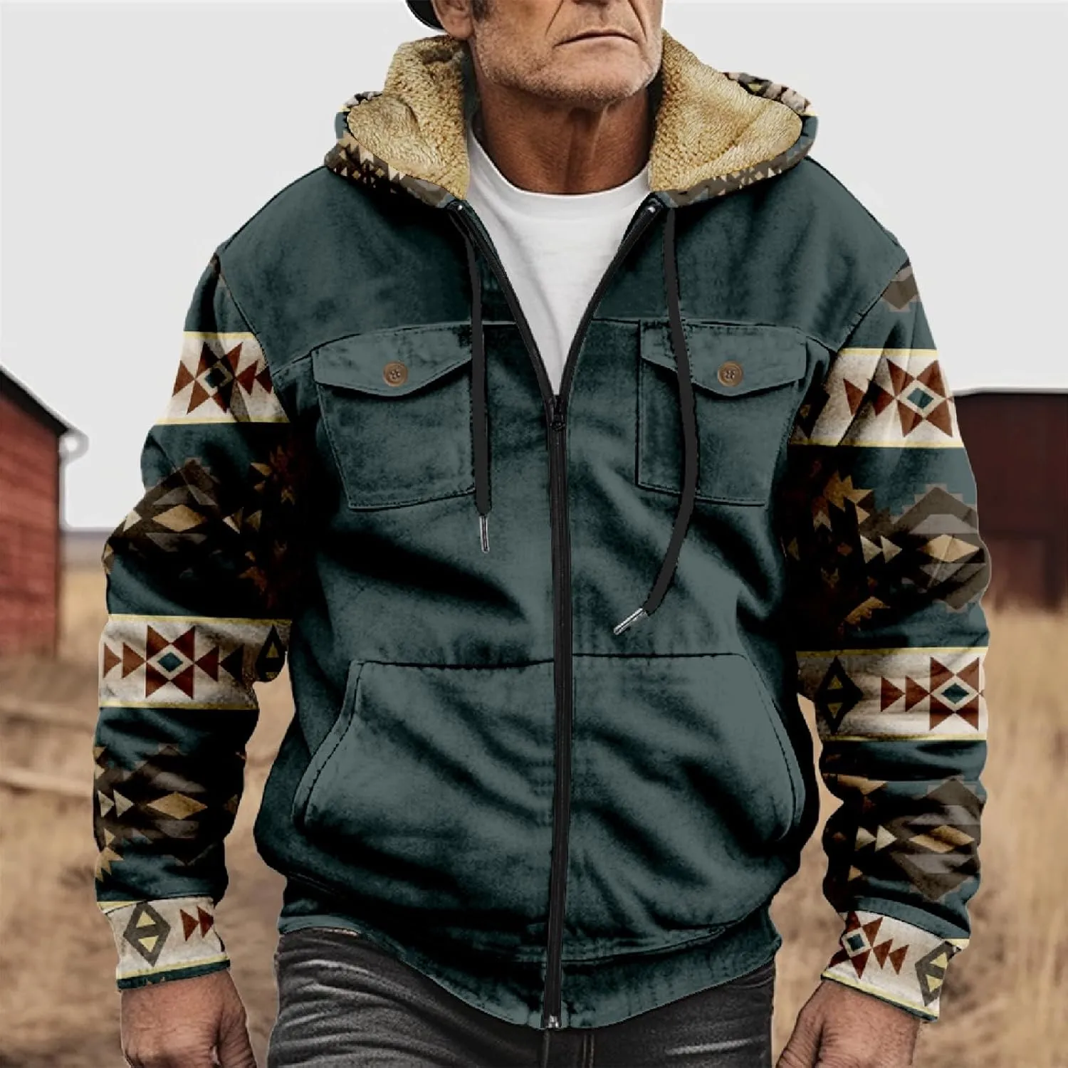 Mens Winter Clothes Jackets For Graphic Long Sleeve Pockets Hoodies Padded Thickened Zip Up Vintage Fashion Coat