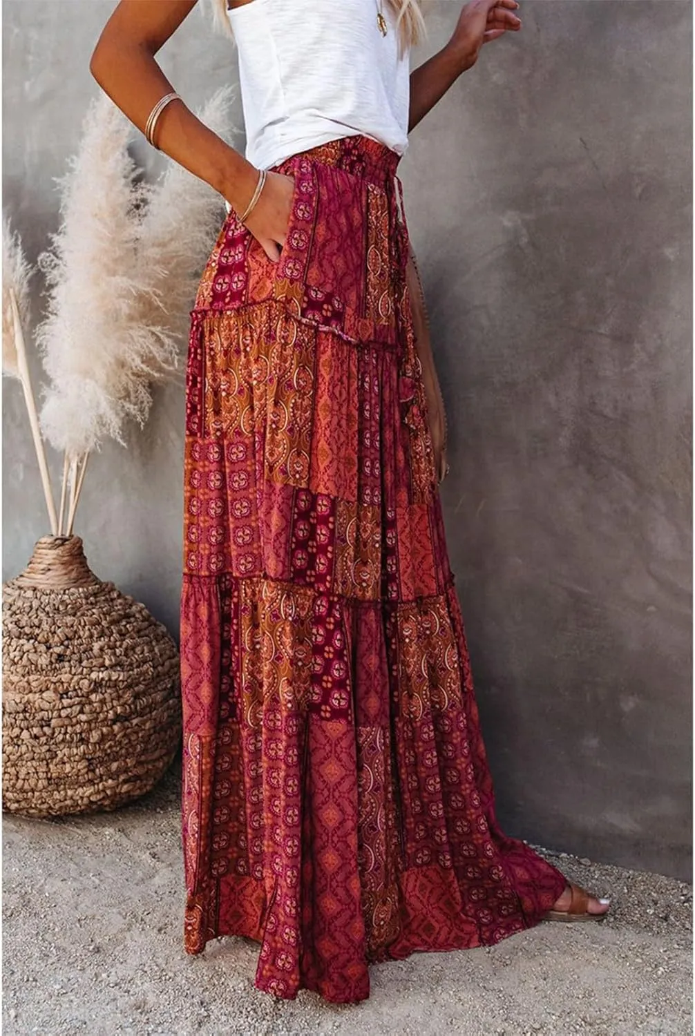 Midi Skirt,Elastic High Waist Drawstring Ruffle Hem Flowy Maxi Skirts for Women Trendy 2025 Summer Vacation Boho