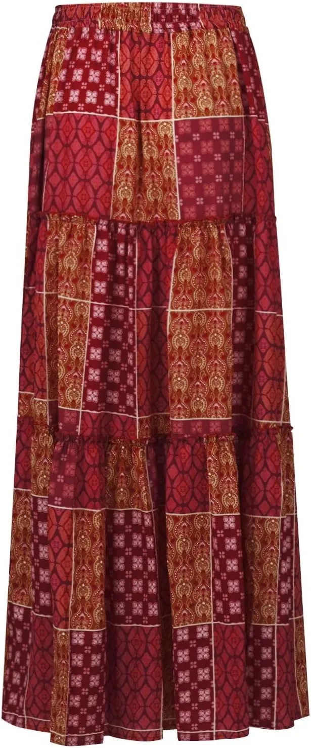 Midi Skirt,Elastic High Waist Drawstring Ruffle Hem Flowy Maxi Skirts for Women Trendy 2025 Summer Vacation Boho