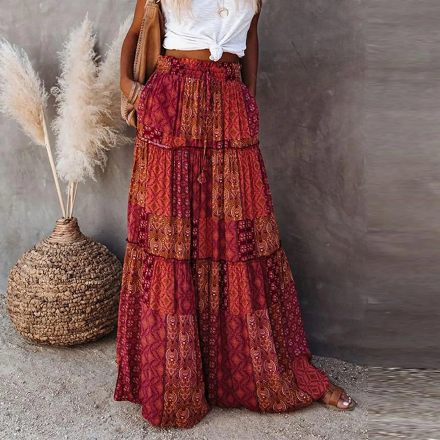 Midi Skirt,Elastic High Waist Drawstring Ruffle Hem Flowy Maxi Skirts for Women Trendy 2025 Summer Vacation Boho