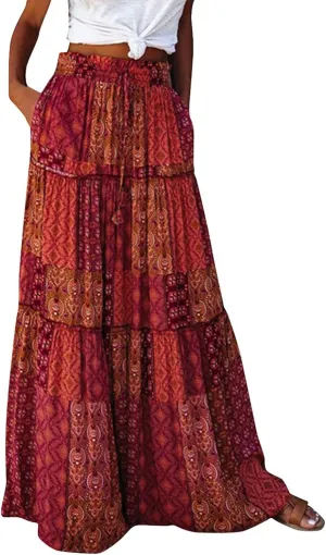 Midi Skirt,Elastic High Waist Drawstring Ruffle Hem Flowy Maxi Skirts for Women Trendy 2025 Summer Vacation Boho