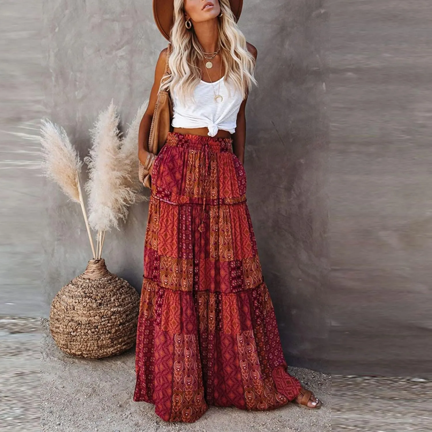 Midi Skirt,Elastic High Waist Drawstring Ruffle Hem Flowy Maxi Skirts for Women Trendy 2025 Summer Vacation Boho