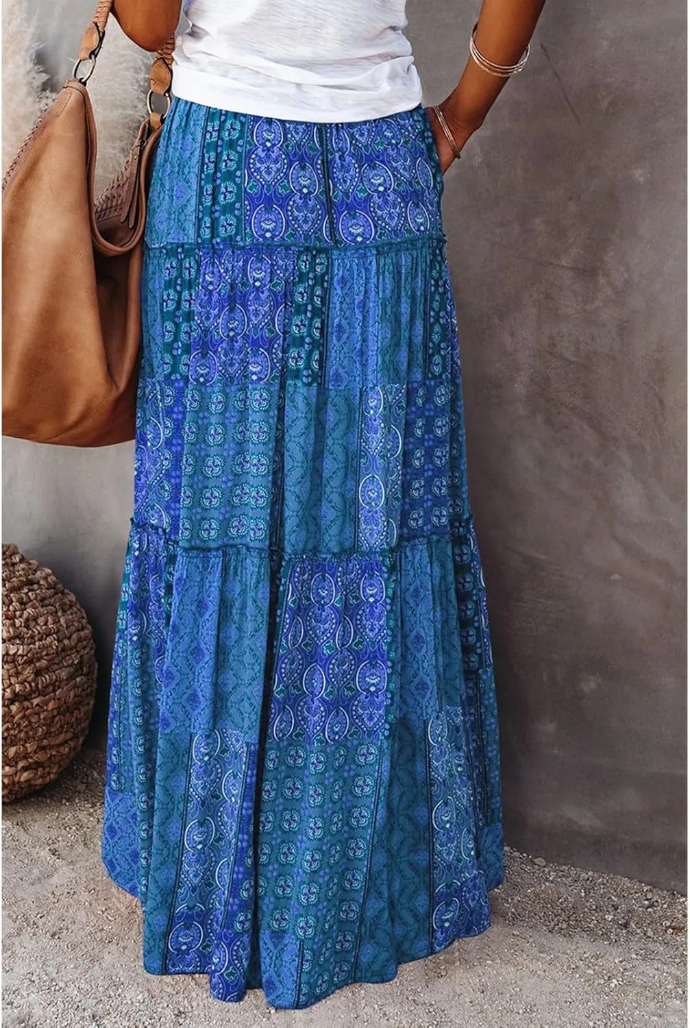 Midi Skirt,Elastic High Waist Drawstring Ruffle Hem Flowy Maxi Skirts for Women Trendy 2025 Summer Vacation Boho