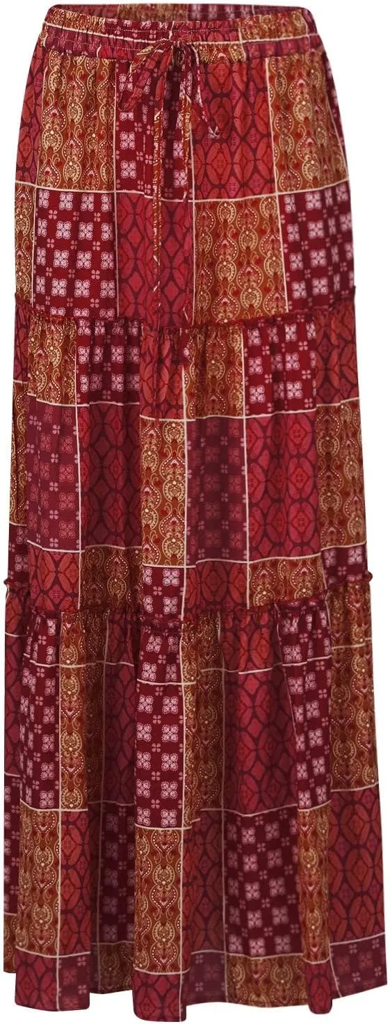 Midi Skirt,Elastic High Waist Drawstring Ruffle Hem Flowy Maxi Skirts for Women Trendy 2025 Summer Vacation Boho