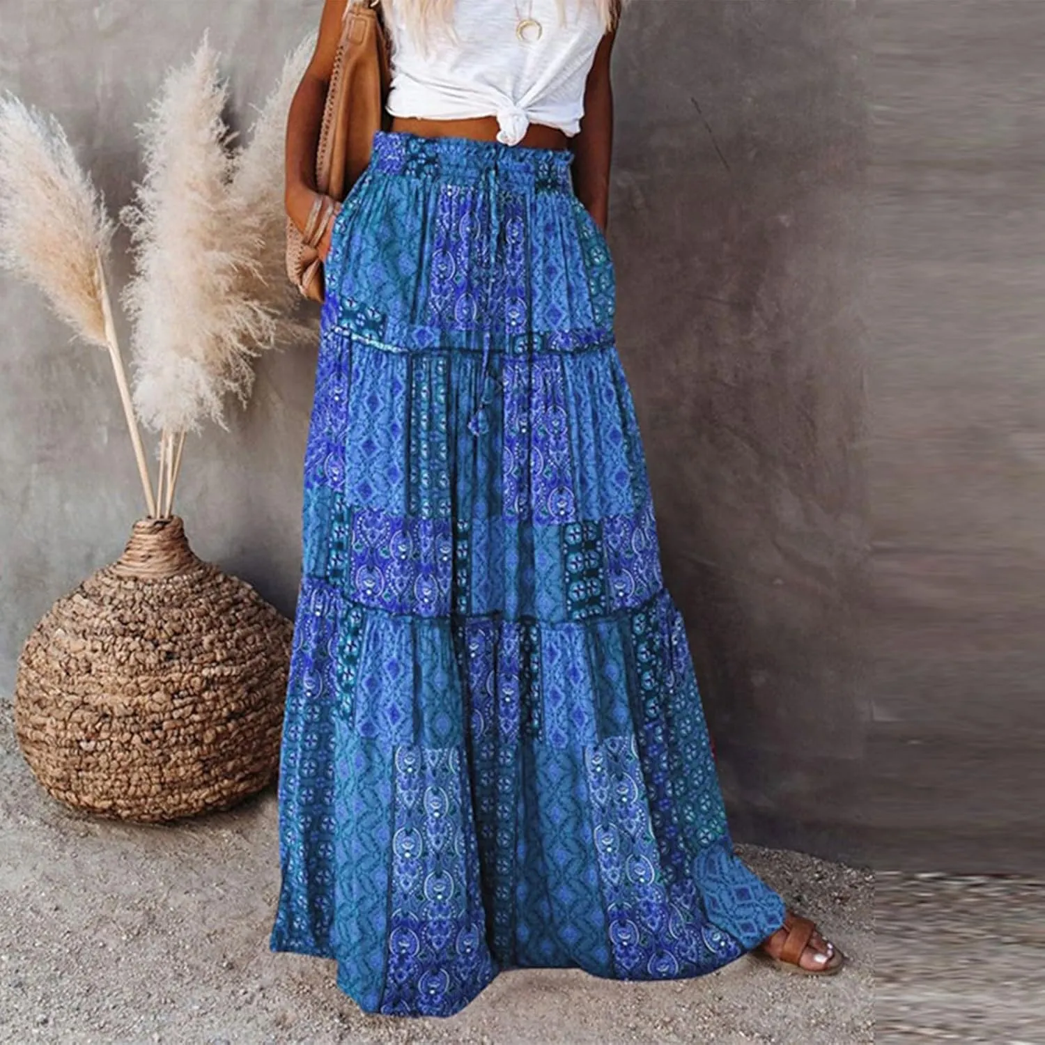 Midi Skirt,Elastic High Waist Drawstring Ruffle Hem Flowy Maxi Skirts for Women Trendy 2025 Summer Vacation Boho