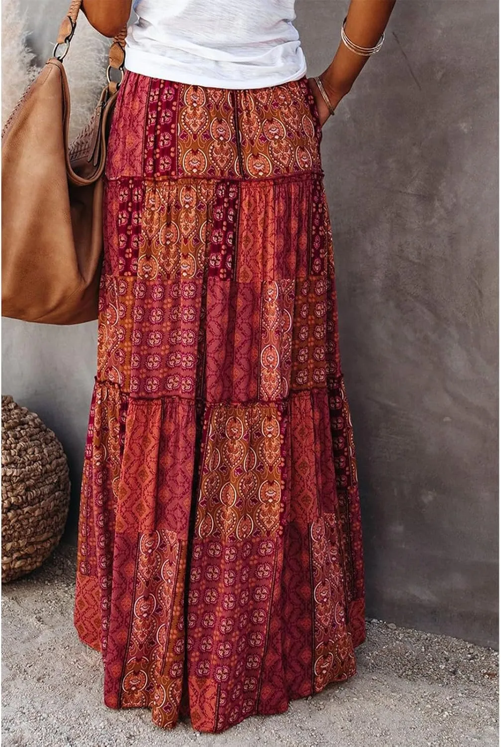 Midi Skirt,Elastic High Waist Drawstring Ruffle Hem Flowy Maxi Skirts for Women Trendy 2025 Summer Vacation Boho