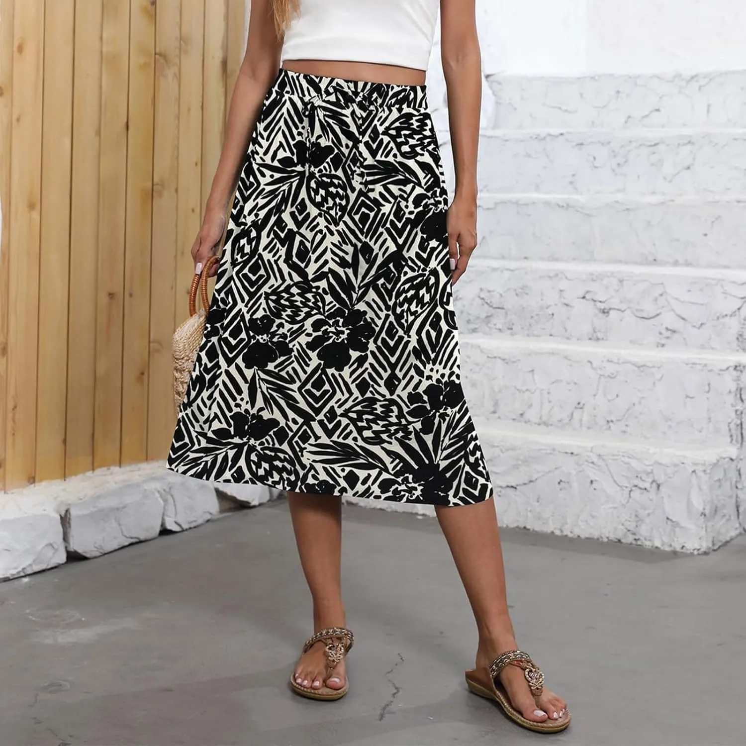 Midi Skirts for Women Trendy Summer Floral A Line Skirts Elastic High Waisted Boho Beach Swing Flowy Skirt w/Pockets