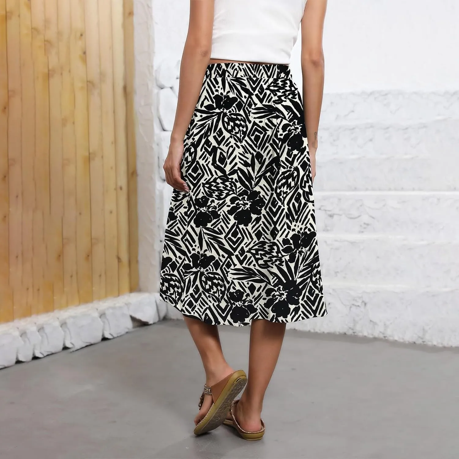 Midi Skirts for Women Trendy Summer Floral A Line Skirts Elastic High Waisted Boho Beach Swing Flowy Skirt w/Pockets