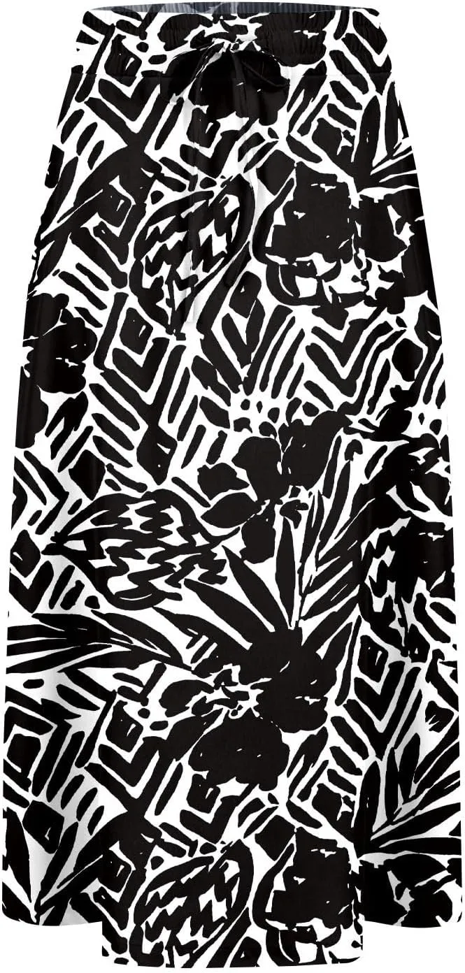 Midi Skirts for Women Trendy Summer Floral A Line Skirts Elastic High Waisted Boho Beach Swing Flowy Skirt w/Pockets