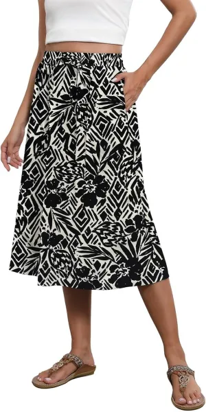 Midi Skirts for Women Trendy Summer Floral A Line Skirts Elastic High Waisted Boho Beach Swing Flowy Skirt w/Pockets