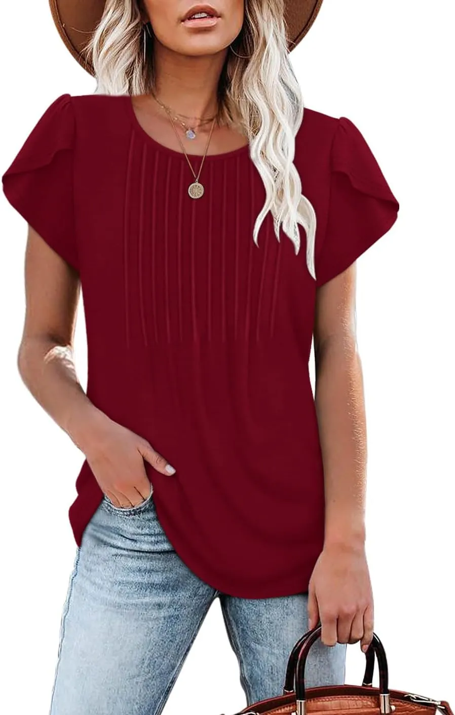 OFEEFAN Womens Tops Tulip Short Sleeve Blouses Pleated Front Summer Beach Vacation Outfits