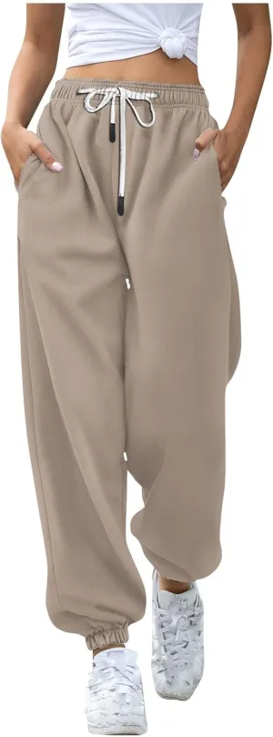 Oversized Straight Leg Sweatpants Women Elastic Waist Drawstring Low Waisted Casual Baggy Lounge Pants w/Pocket