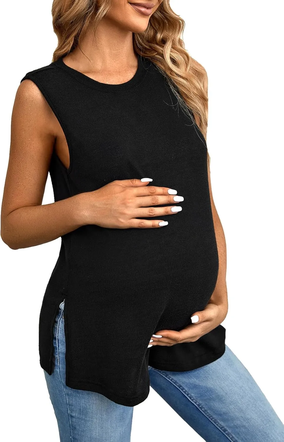 OYOANGLE Maternity Tank Top Summer Sleeveless Crewneck Pregnancy Shirts Side Split Pregnant Clothes