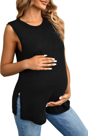 OYOANGLE Maternity Tank Top Summer Sleeveless Crewneck Pregnancy Shirts Side Split Pregnant Clothes