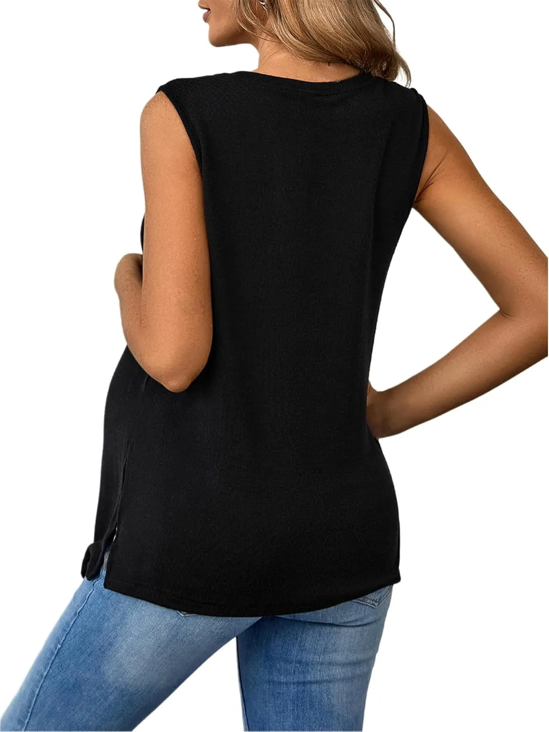 OYOANGLE Maternity Tank Top Summer Sleeveless Crewneck Pregnancy Shirts Side Split Pregnant Clothes