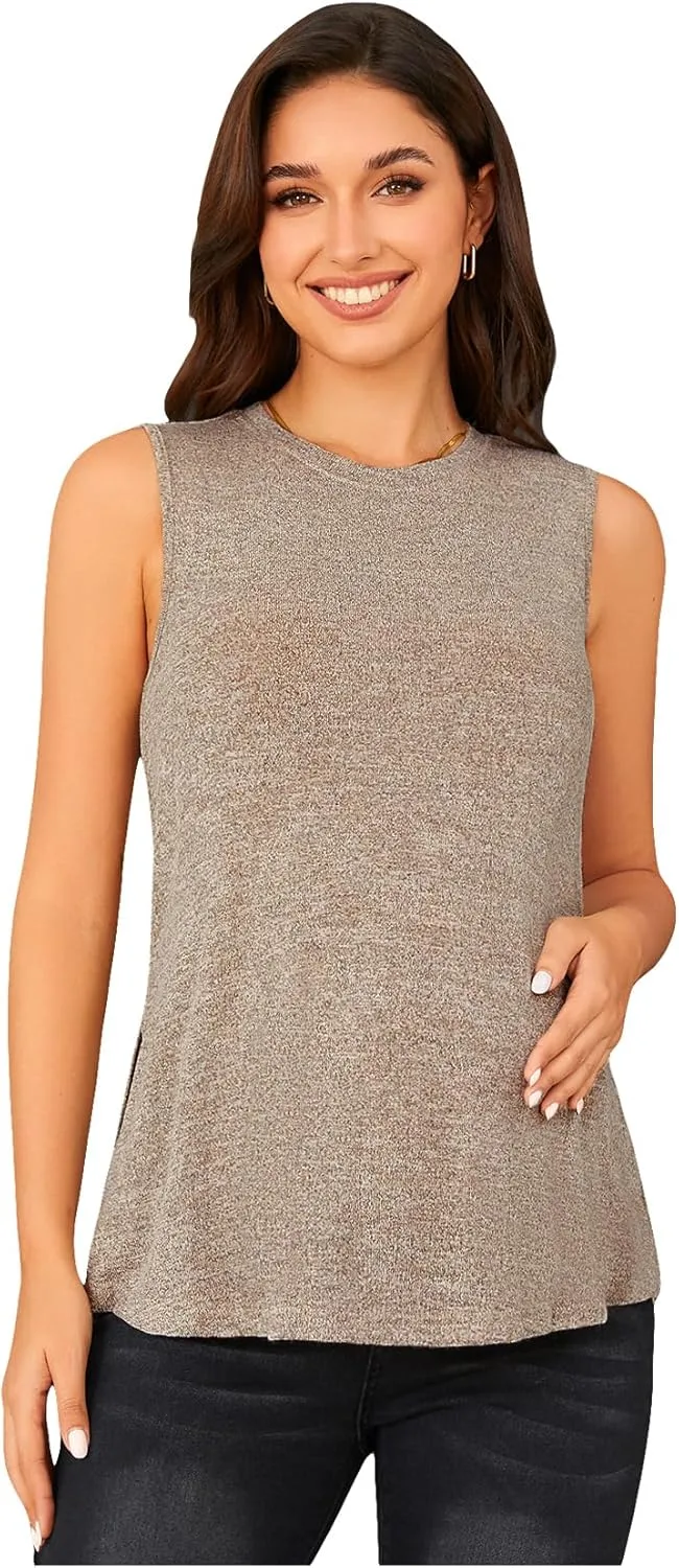 OYOANGLE Maternity Tank Top Summer Sleeveless Crewneck Pregnancy Shirts Side Split Pregnant Clothes