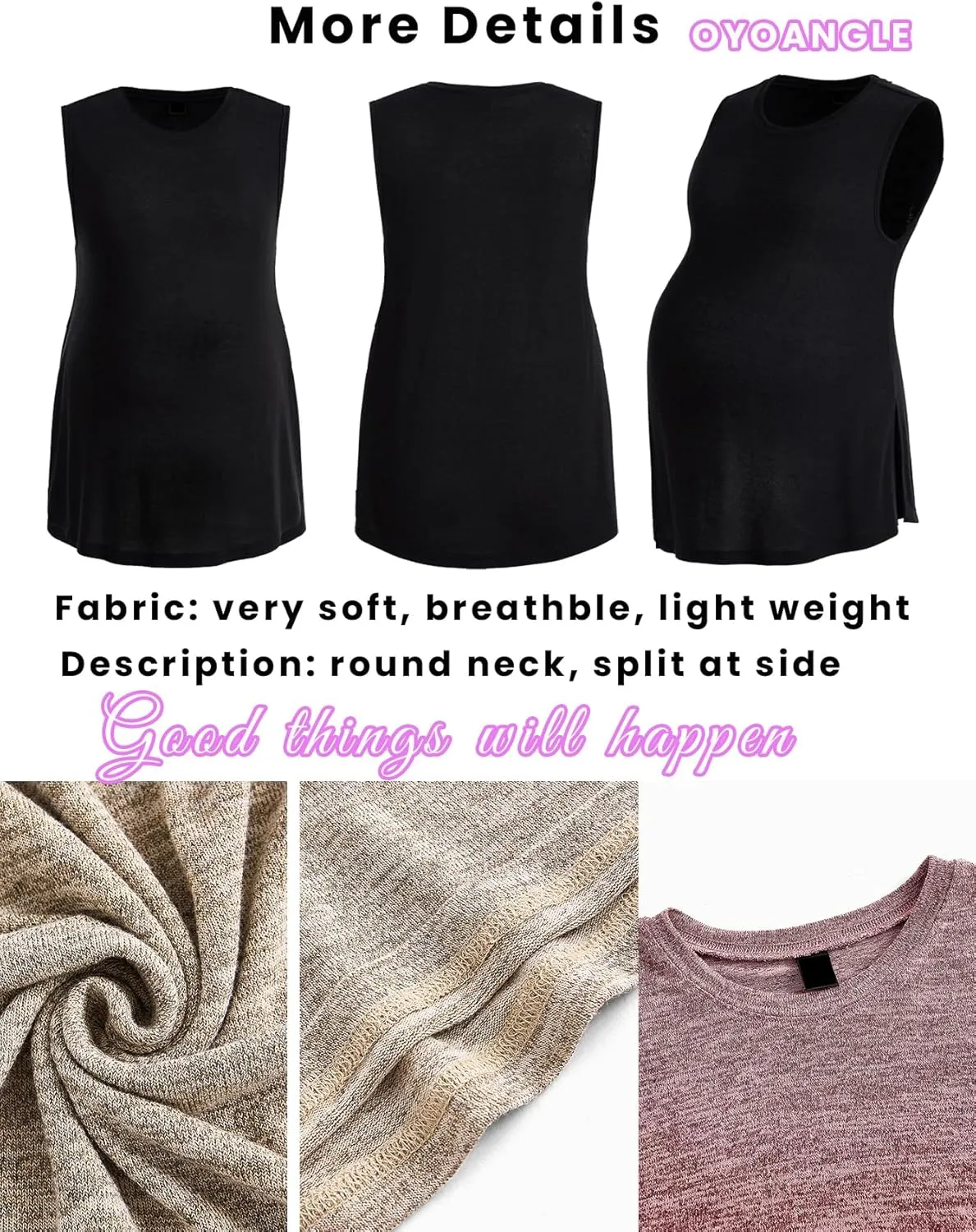 OYOANGLE Maternity Tank Top Summer Sleeveless Crewneck Pregnancy Shirts Side Split Pregnant Clothes