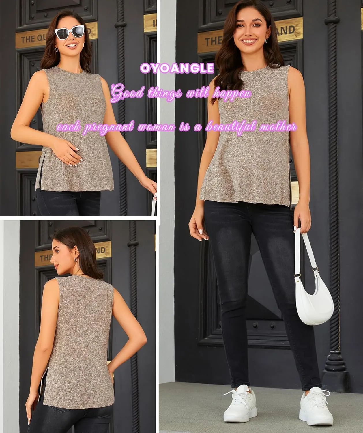 OYOANGLE Maternity Tank Top Summer Sleeveless Crewneck Pregnancy Shirts Side Split Pregnant Clothes