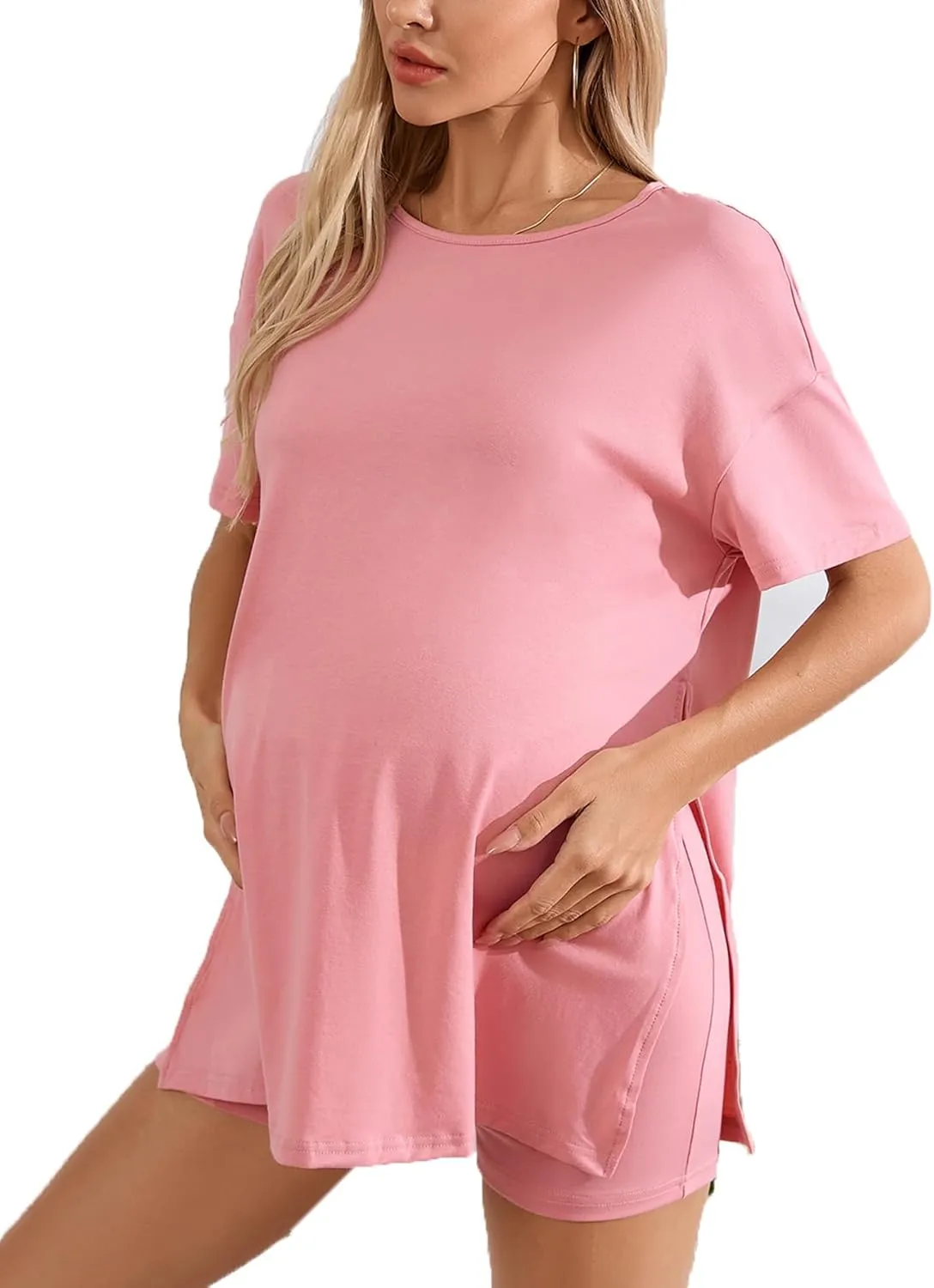 OYOANGLE Women's Maternity 2 Piece Outfits Short Sleeve Split Hem Tee Shirt and Shorts Set