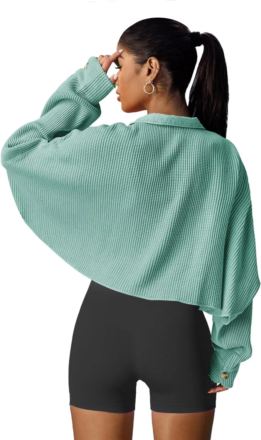 Panadila Women's Cropped Waffle Knit Shacket Short Button Down Jacket Batwing Sleeve Shirts with Pocket