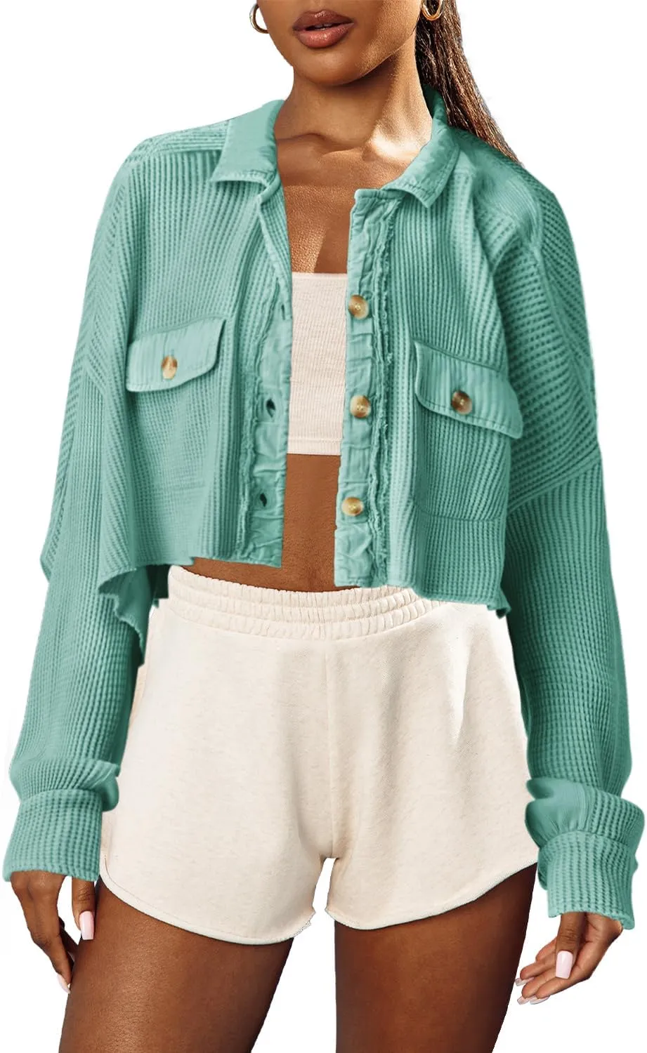 Panadila Women's Cropped Waffle Knit Shacket Short Button Down Jacket Batwing Sleeve Shirts with Pocket