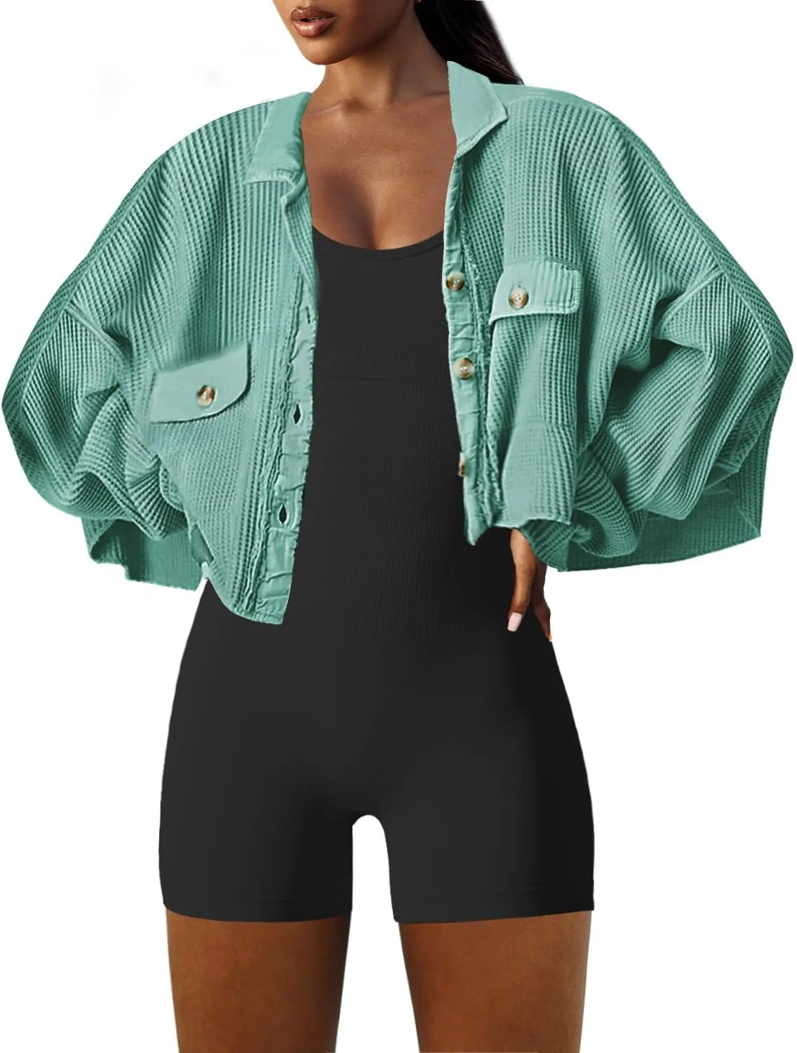 Panadila Women's Cropped Waffle Knit Shacket Short Button Down Jacket Batwing Sleeve Shirts with Pocket