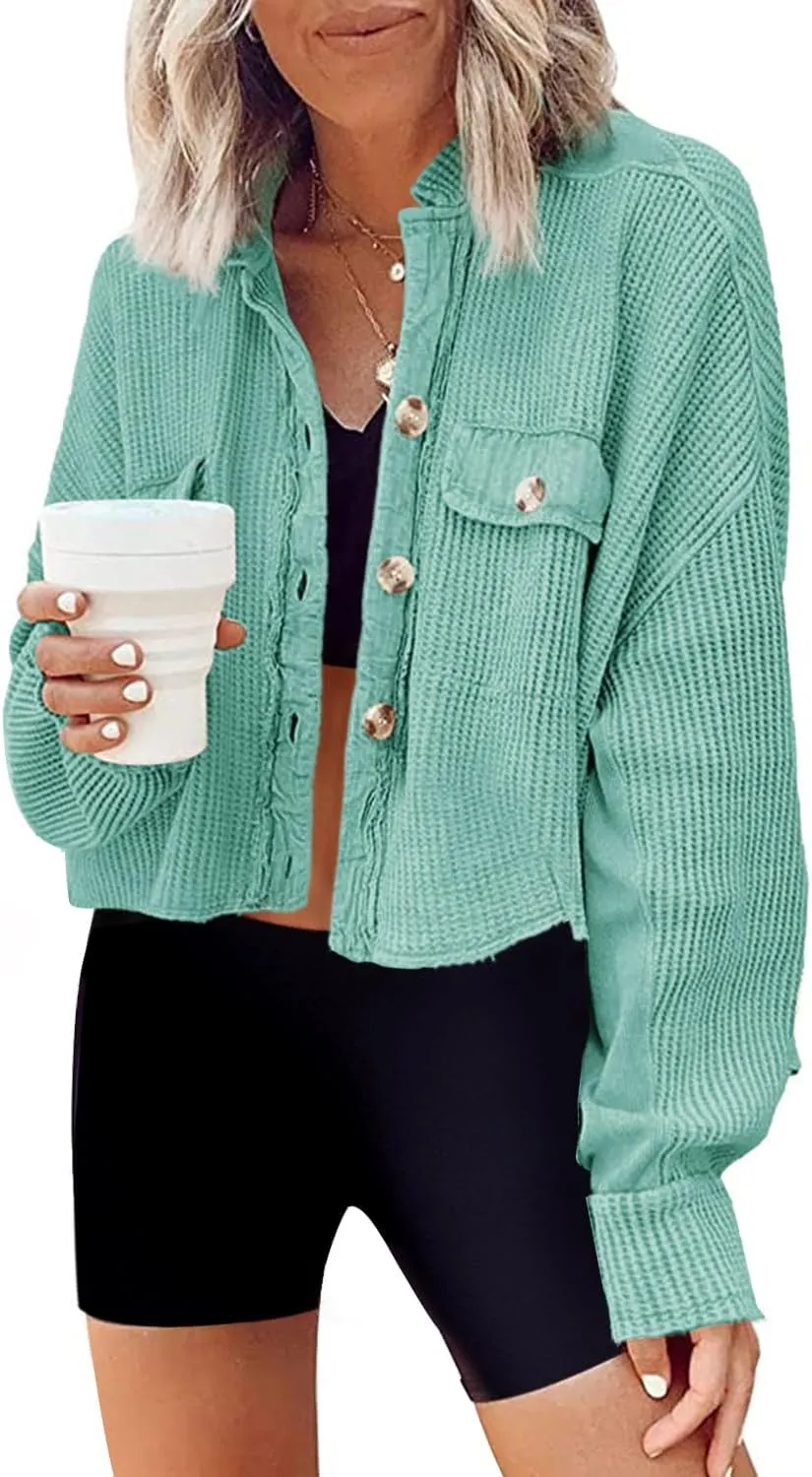Panadila Women's Cropped Waffle Knit Shacket Short Button Down Jacket Batwing Sleeve Shirts with Pocket
