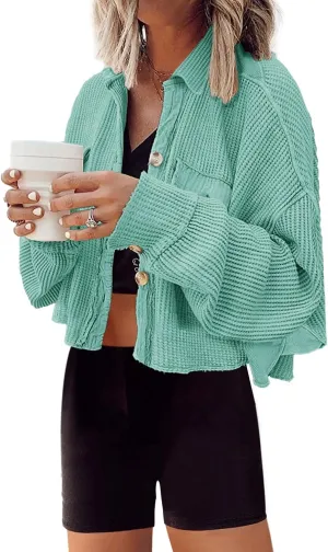 Panadila Women's Cropped Waffle Knit Shacket Short Button Down Jacket Batwing Sleeve Shirts with Pocket