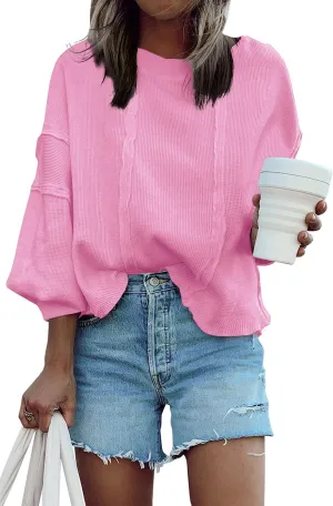 Panadila Women's Oversized Waffle Knit Pullover Casual Long Sleeve Tops Trendy Round Neck Tunic Shirts