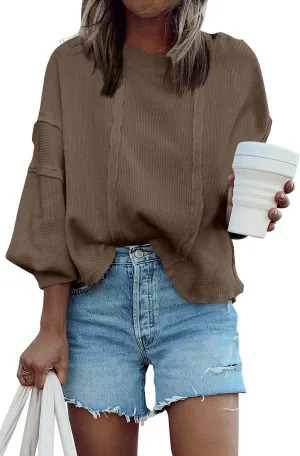 Panadila Women's Oversized Waffle Knit Pullover Casual Long Sleeve Tops Trendy Round Neck Tunic Shirts