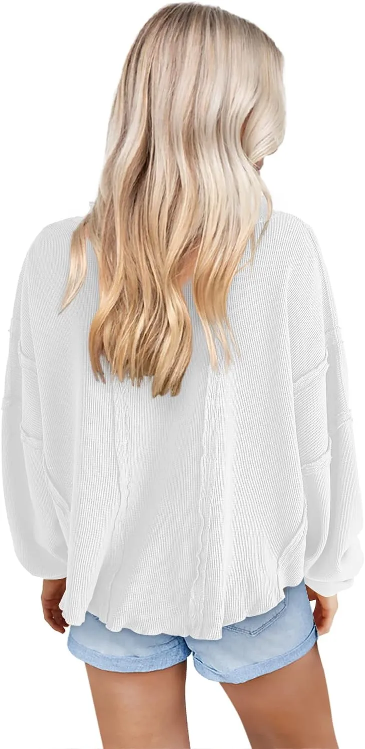 Panadila Women's Oversized Waffle Knit Pullover Casual Long Sleeve Tops Trendy Round Neck Tunic Shirts