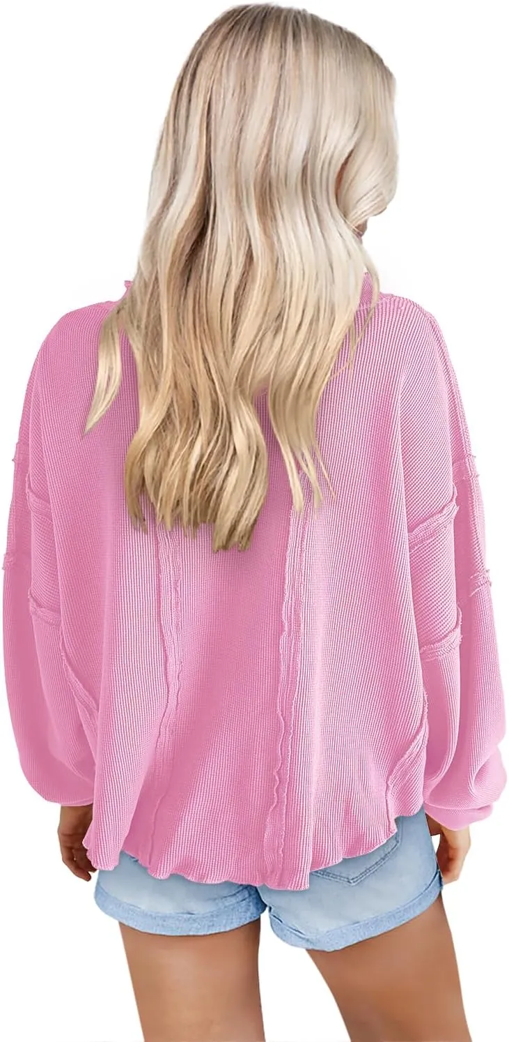 Panadila Women's Oversized Waffle Knit Pullover Casual Long Sleeve Tops Trendy Round Neck Tunic Shirts