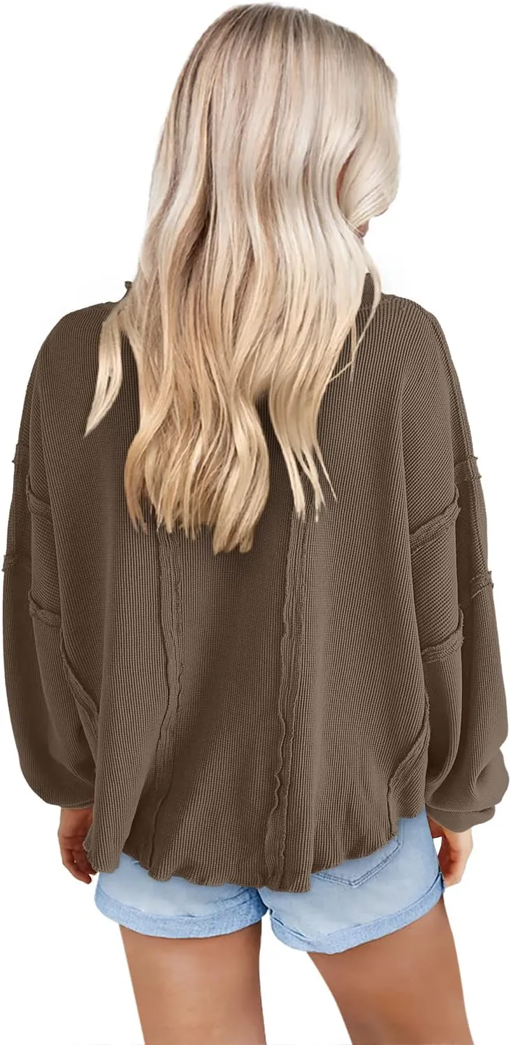 Panadila Women's Oversized Waffle Knit Pullover Casual Long Sleeve Tops Trendy Round Neck Tunic Shirts