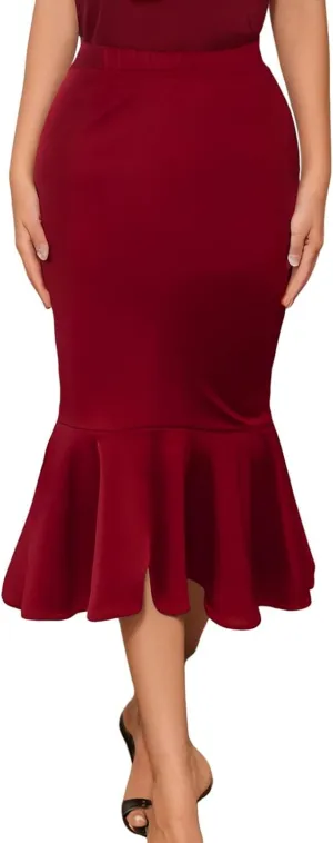 Pencil Skirt for Women Stretchy High Waist Office Work Bodycon Fishtail Skirts with Ruffle Hem Midi Length