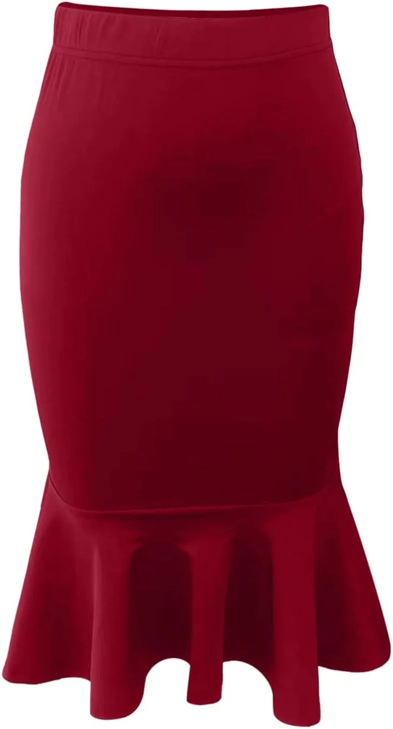 Pencil Skirt for Women Stretchy High Waist Office Work Bodycon Fishtail Skirts with Ruffle Hem Midi Length