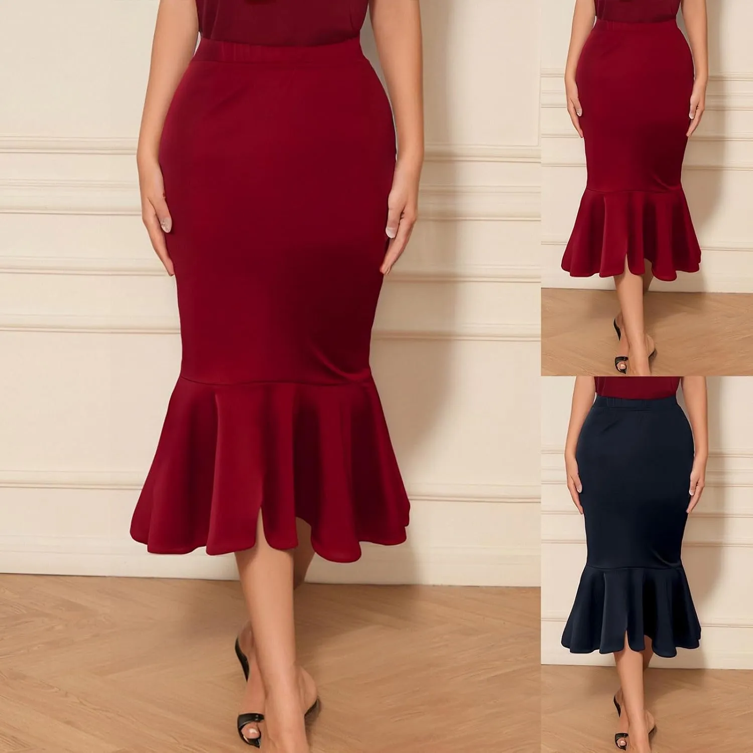 Pencil Skirt for Women Stretchy High Waist Office Work Bodycon Fishtail Skirts with Ruffle Hem Midi Length