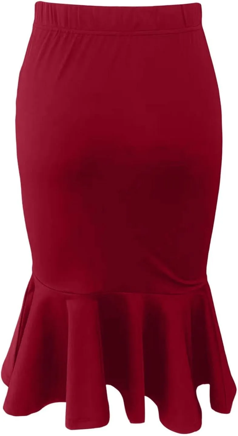 Pencil Skirt for Women Stretchy High Waist Office Work Bodycon Fishtail Skirts with Ruffle Hem Midi Length