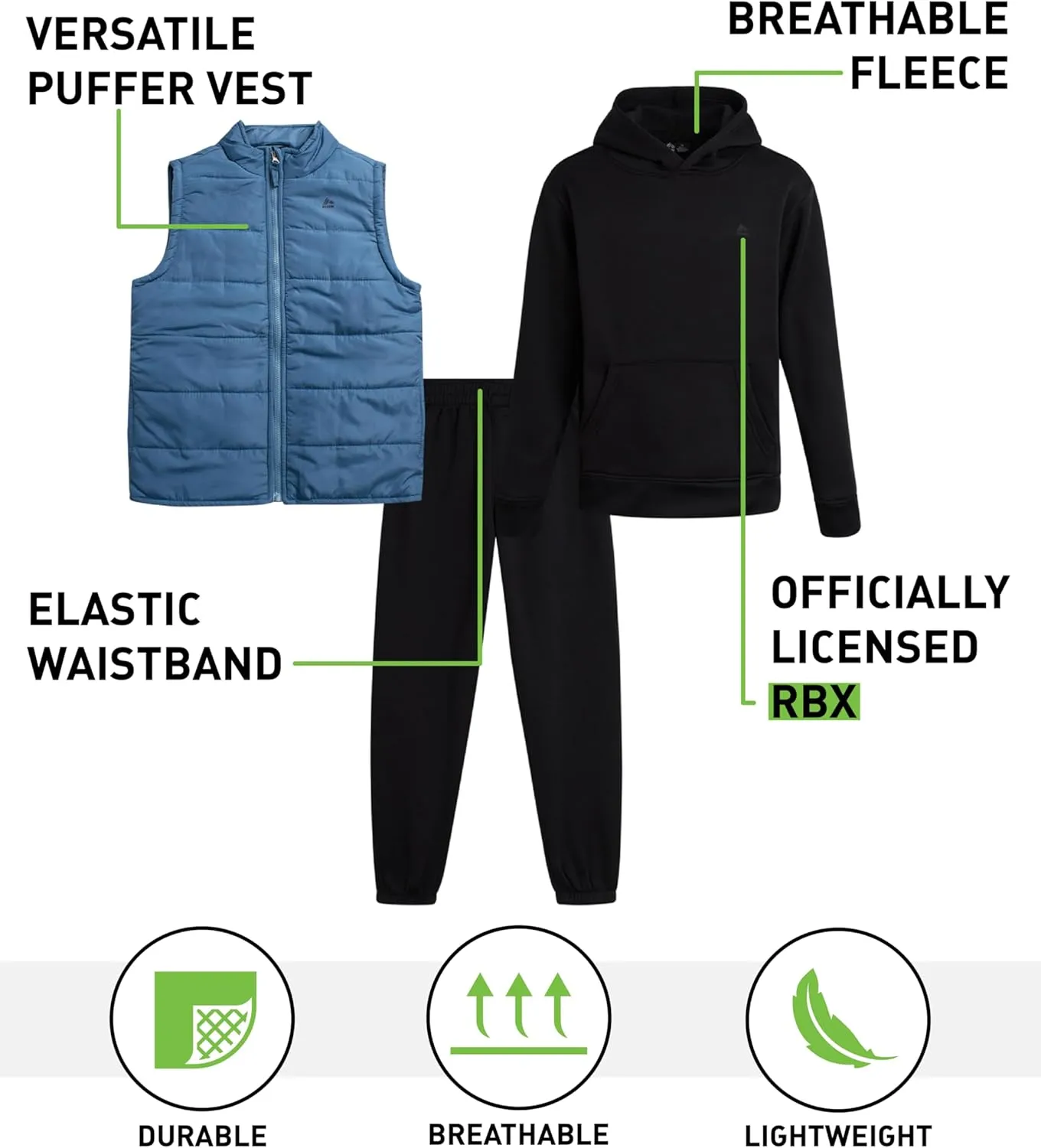 RBX Boys Active Tracksuit Set - 3 Piece Fleece Pullover Hoodie, Jogger Sweatpants, and Puffer Vest Set for Boys (Sizes: 4-12)