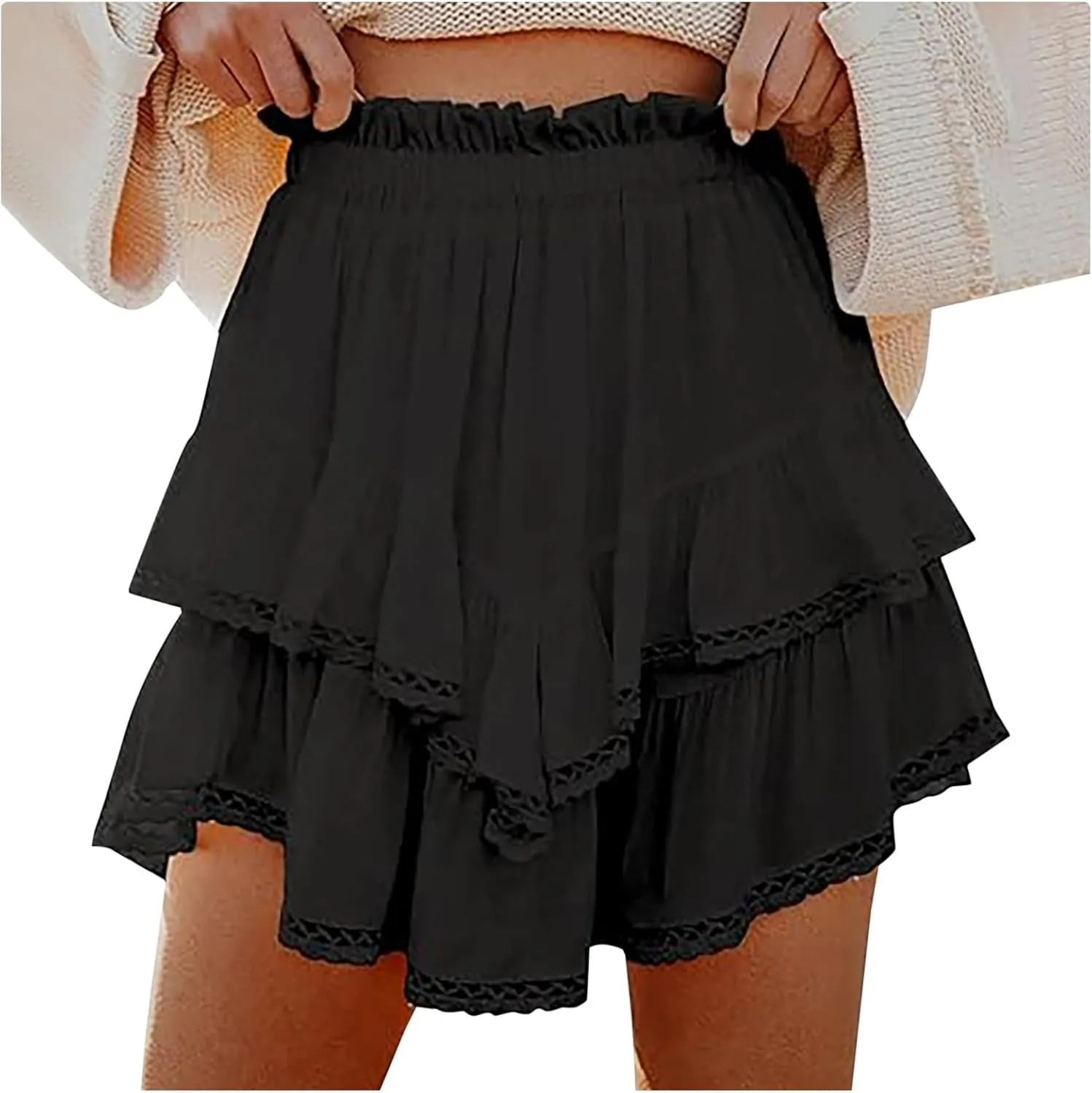 Ruffle Skorts for Women Boho Tiered Flowy Short Skirt, Stretchy Lined Layered Pleated Casual Beach Short Skirt