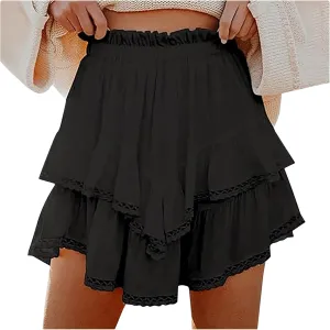 Ruffle Skorts for Women Boho Tiered Flowy Short Skirt, Stretchy Lined Layered Pleated Casual Beach Short Skirt