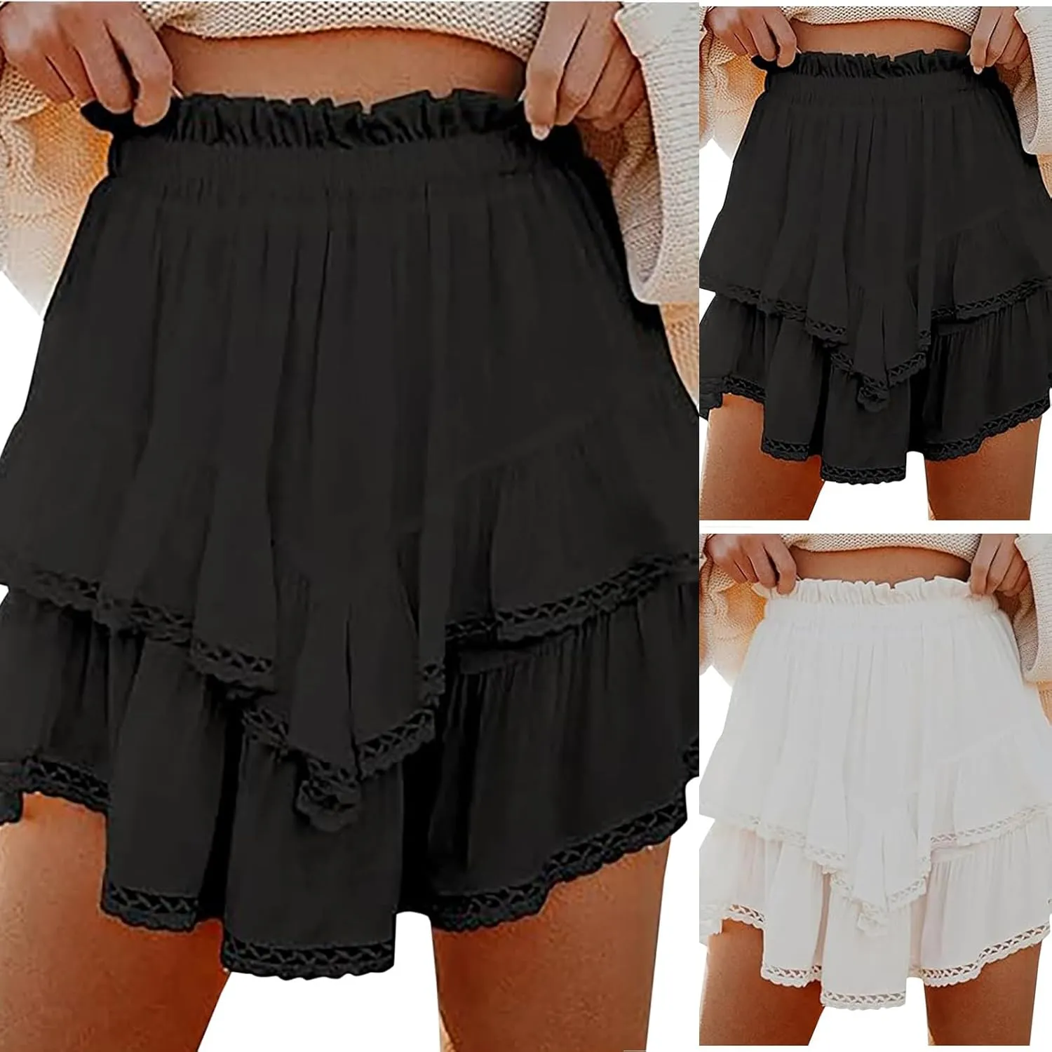 Ruffle Skorts for Women Boho Tiered Flowy Short Skirt, Stretchy Lined Layered Pleated Casual Beach Short Skirt