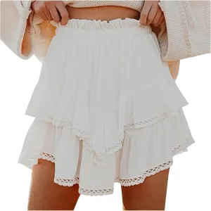 Ruffle Skorts for Women Boho Tiered Flowy Short Skirt, Stretchy Lined Layered Pleated Casual Beach Short Skirt