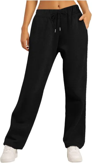 Rvidbe Women's Sweatpants with Pockets,Winter Fleece Lined Comfy Warm Baggy Pants Drawstring High Waist Wide Leg Lounge Pants