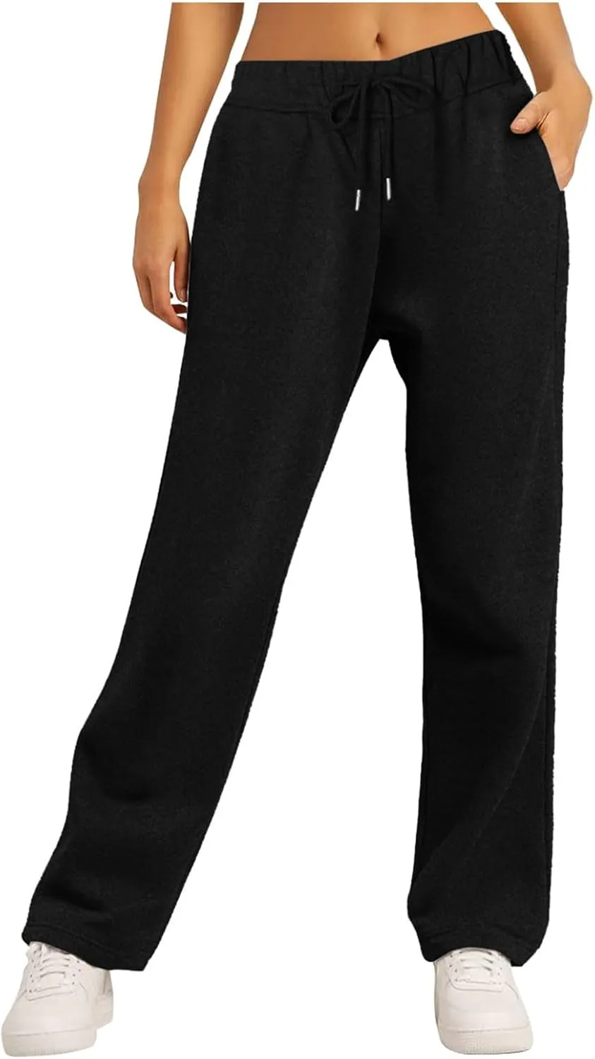 Rvidbe Women's Sweatpants with Pockets,Winter Fleece Lined Comfy Warm Baggy Pants Drawstring High Waist Wide Leg Lounge Pants