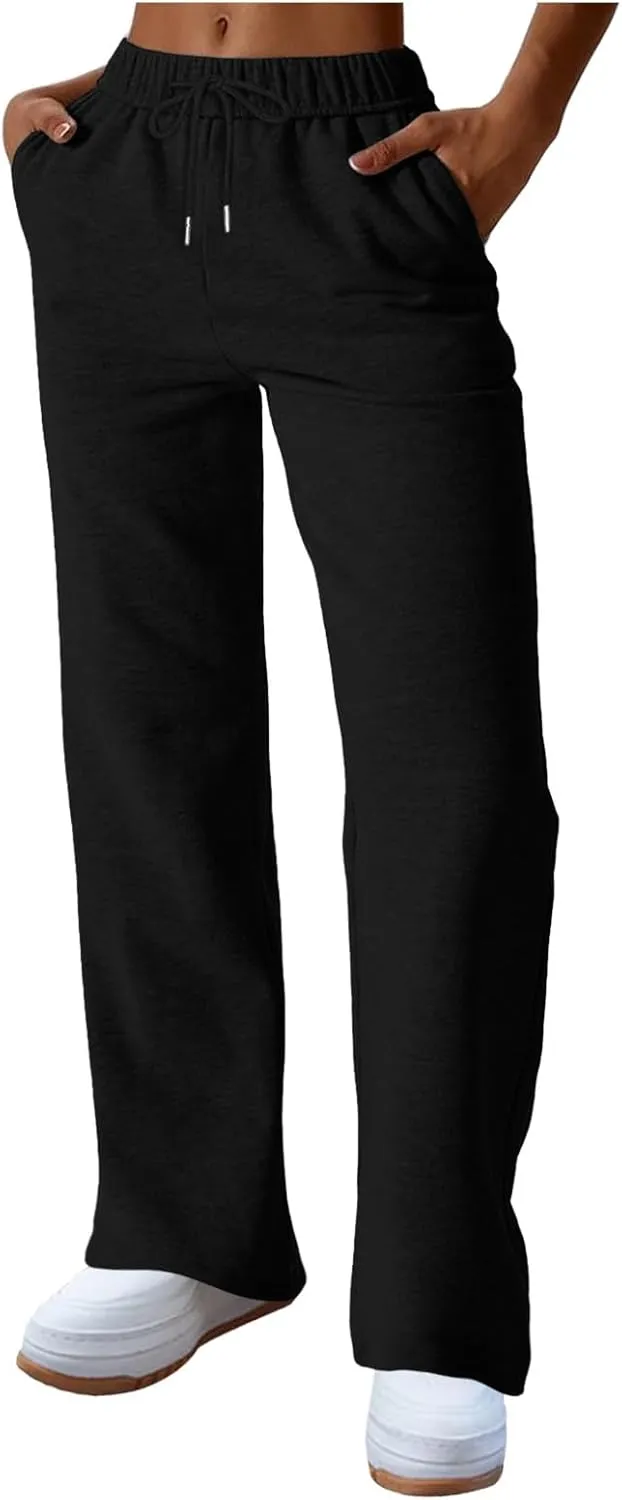 Rvidbe Women's Sweatpants with Pockets,Winter Fleece Lined Comfy Warm Baggy Pants Drawstring High Waist Wide Leg Lounge Pants