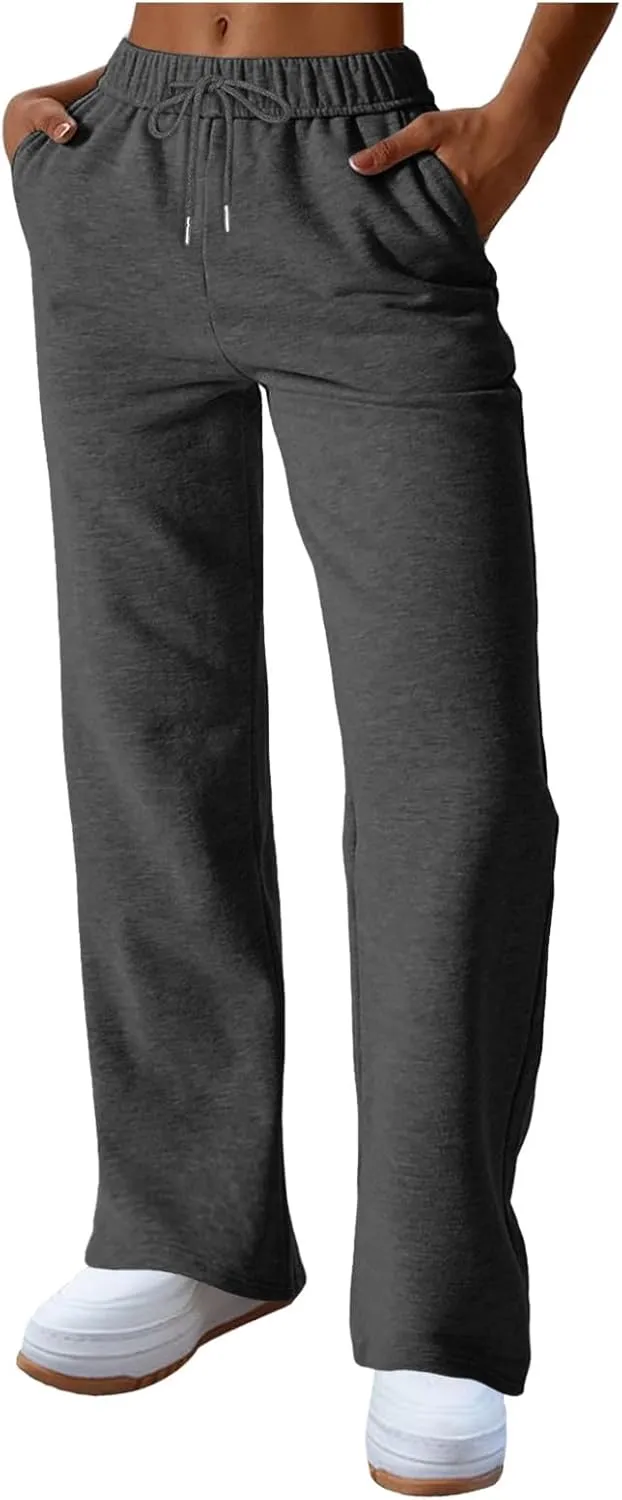 Rvidbe Women's Sweatpants with Pockets,Winter Fleece Lined Comfy Warm Baggy Pants Drawstring High Waist Wide Leg Lounge Pants