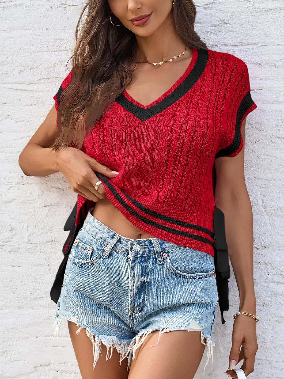 Saodimallsu Womens Cap Sleeve Cropped Sweater Vest V Neck Color Block Cable Knit Bow Side Tie Loose Crop Tank Tops