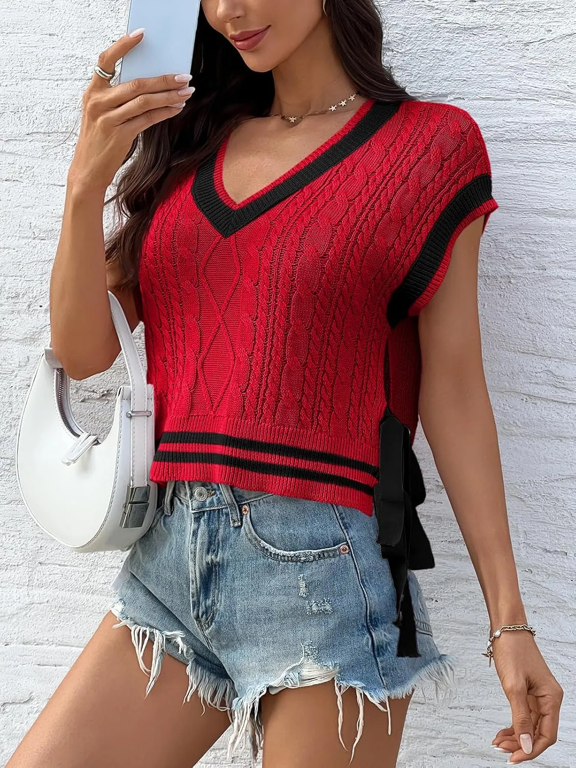 Saodimallsu Womens Cap Sleeve Cropped Sweater Vest V Neck Color Block Cable Knit Bow Side Tie Loose Crop Tank Tops