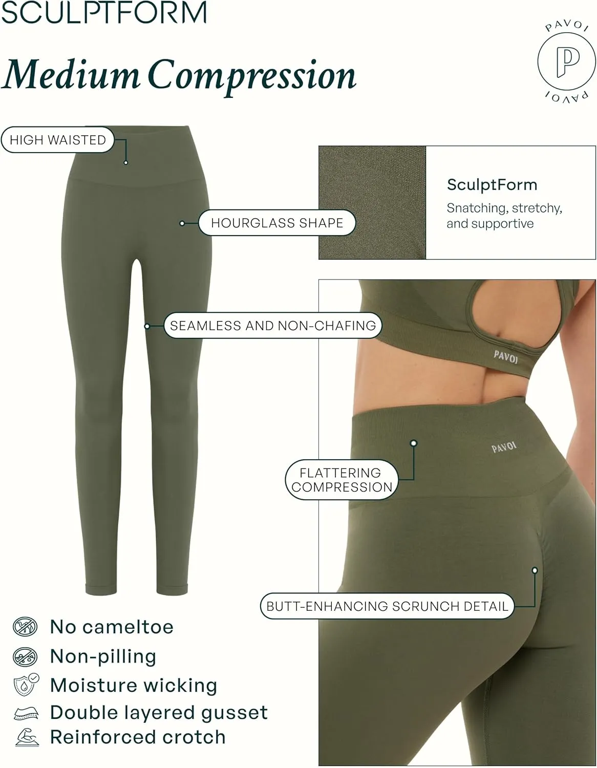 Seamless Scrunch Butt Leggings | High Waisted Compression Sculpting Women Full Length Workout Pants | SculptForm